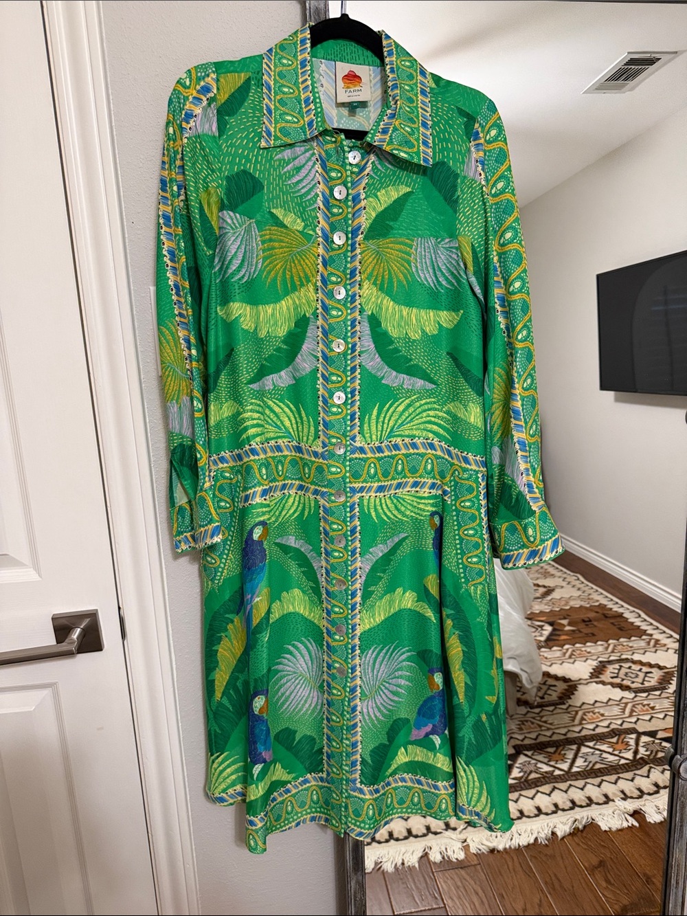 Farm Rio Vibrant Silk Green Tropical Button-Front Shirt Dress